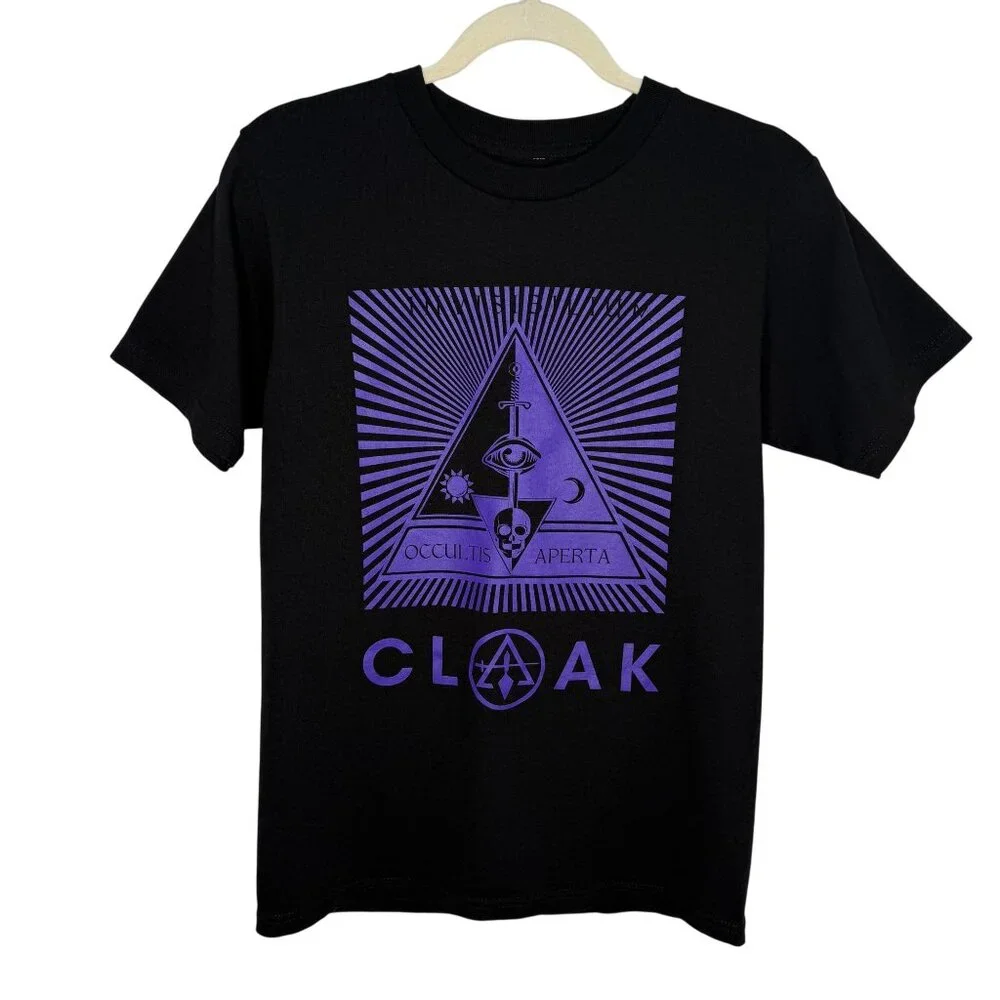 Cloak Occultis Aperta Black T-Shirt With Purple Graphic Print, S - Picture 1 of 7